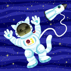 Wall Mural - Cat astronaut in outer space and space rocket.
