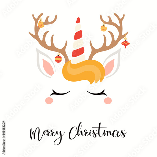 Hand drawn card of cute unicorn face with reindeer antlers, hanging ornaments...