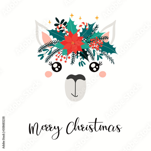 Hand drawn card with cute llama face in wreath of poinsettia, holly, mistleto...