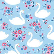 Vector Seamless Pattern With Cartoon Swan And Flowers. Lake Illustration On Blue Background