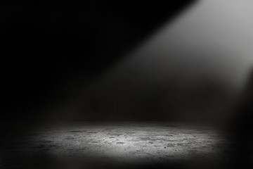 Wall Mural - abstract studio dark room with spot lighting and fog in black background.
