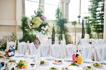 Beautiful wedding set decoration in the restaurant.