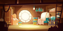House Attic With Old Furniture, Dust Flying In Air, Cartoon Vector Background. Attic Interior In Wooden House With Round Window Under Roof, Day Sunlight On Floor, Wardrobe, Chair And Storage Boxes