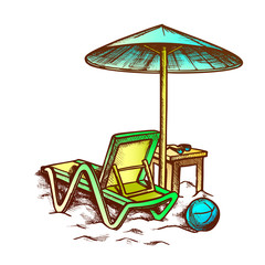 Wall Mural - Beach Chair With Umbrella And Stool Retro Vector. Sun Glasses On Wooden Chair And Ball On Sand. Summer Vacation Engraving Concept Template Hand Drawn In Vintage Style Color Illustration