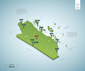 Stylized map of Belize. Isometric 3D green map with cities, borders, capital Belmopan, regions. Vector illustration. Editable layers clearly labeled. English language.