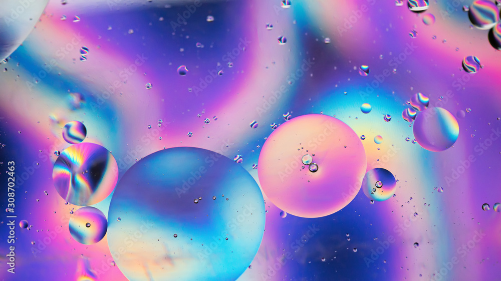 Oil drops in water. Abstract psychedelic pattern image rainbow colored. Abstract background with colorful gradient colors. DOF - obrazy, fototapety, plakaty 