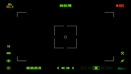 Digital display photo or video camera viewfinder grid with shooting settings on screen: AF dot, time indicator, recording label, battery, crosshair. Modern focusing screen. Video recording screen.