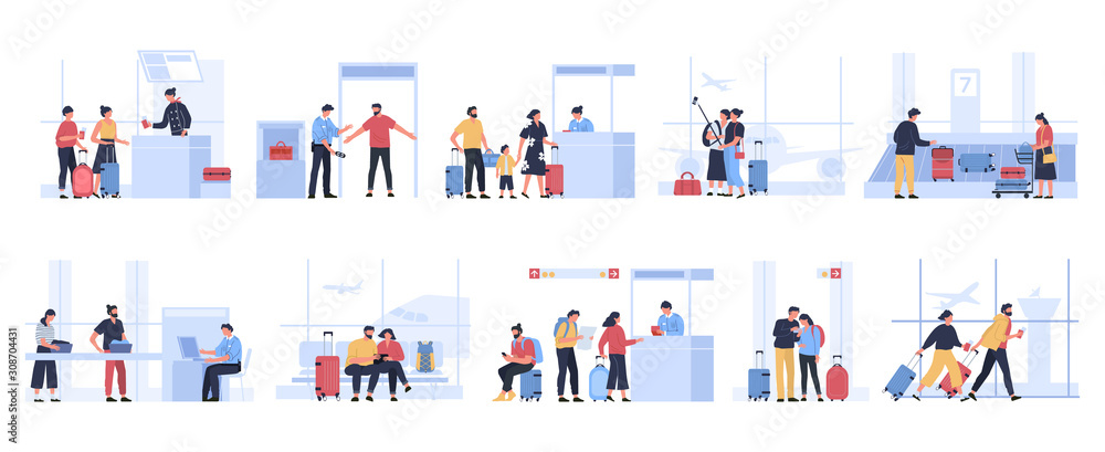 Tourists in airport. People waiting for plane in terminal, tourist characters receive passport control, pass luggage inspection or get luggage vector illustration set. Passengers before departure - obrazy, fototapety, plakaty 