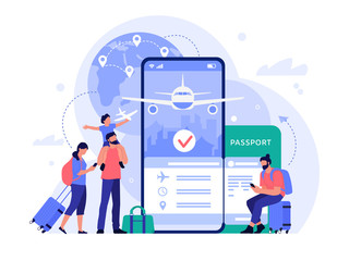 Air travel ticket buying app. People buying tickets online, phone booking service for tourism and vacation, travel concept vector illustration. Tourists with luggage making flight reservation