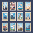 © WinWin - Travel postage stamps. Vintage stamp with national landmarks, retro stamping postmark world attractions and most popular points of world vector isolated icon set. Travel postcards with famous places