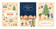 © WinWin - Holiday market flyer. Christmas fair posters, december market holiday invitation, shopping street Christmas decorated outdoor stalls vector illustration poster set. Xmas festival booklet
