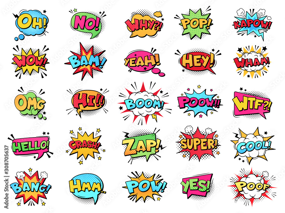 Comic speech bubble. Cartoon comic book text clouds. Comic pop art book pow, oops, wow, boom exclamation signs vector comics words set. Creative retro balloons with funny slang phrases and expressions - obrazy, fototapety, plakaty 