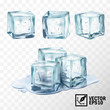 3d realistic vector transparent ice cubes in different forms, melting ice cubes in a puddle of water