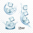3d realistic vector transparent ice cubes in different spurts and splashes of water, vertical and horizontal