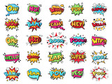 Fototapeta  - Comic speech bubble. Cartoon comic book text clouds. Comic pop art book pow, oops, wow, boom exclamation signs vector comics words set. Creative retro balloons with funny slang phrases and expressions