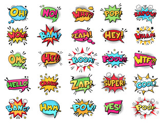 Wall Mural - Comic speech bubble. Cartoon comic book text clouds. Comic pop art book pow, oops, wow, boom exclamation signs vector comics words set. Creative retro balloons with funny slang phrases and expressions