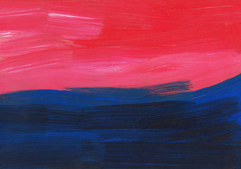 Abstract background painting, blue, red, pink texture. Oil multicolored brush strokes on paper. Modern art.