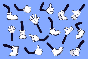 Cartoon legs and hands. Comic character gloved arm and feet in boots, retro doodle arms with different gestures, running and walking legs vector isolated illustration set. High five, footsteps