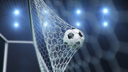 Soccer ball flew into the goal. Soccer ball bends the net, against the background of flashes of light. Soccer ball in goal net on blue background. A moment of delight. 3D illustration