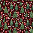 Watercolor seamless pattern with Christmas trees on a red background with gifts,stars,christmas toys. Christmas background for wrapping paper,greeting cards and scrapbooking.