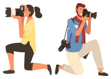 Man And Woman Shooting, People Focusing On Object. Photographers Characters In Casual Clothes With Cameras, Male And Female Photographing, Hobby Vector