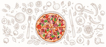 Pizza And Pizza Related Elements Illustration. Vector, Isolated, Layered. 