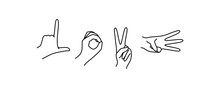 Female Hands Gestures Fingers Make The Word Love. Vector Outline Illustration Of A Linear Trend In A Minimalist Style.