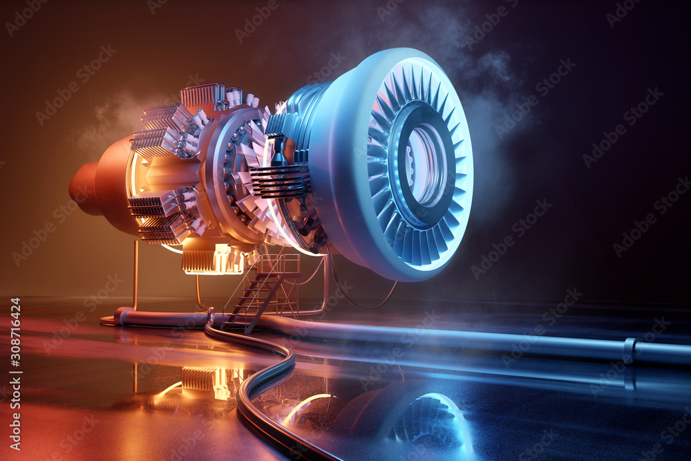 Obraz Futuristic jet engine technology background. Engineering and technology 3D illustration. fototapeta, plakat