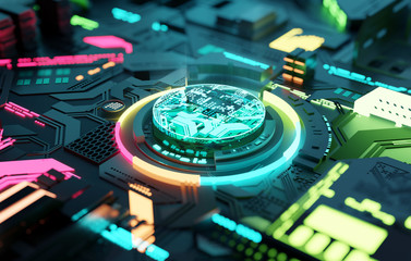 Wall Mural - Multicoloured futuristic CPU and processor, quantum and machine learning concept. 3D illustration concept.