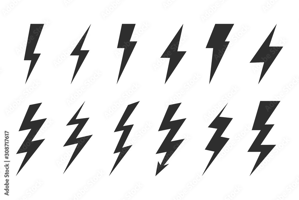 Thunder and bolt lighting elements. Flash icons set. Elestric blitz. Vector thunderbolt on white background - obrazy, fototapety, plakaty 