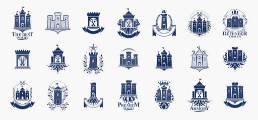 Wall Mural - Castles logos big vector set, vintage heraldic fortresses emblems collection, classic style heraldry design elements, ancient forts and citadels.