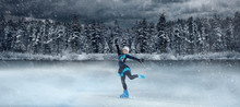 View Of Child  Figure Skater On Winter Lake  Background