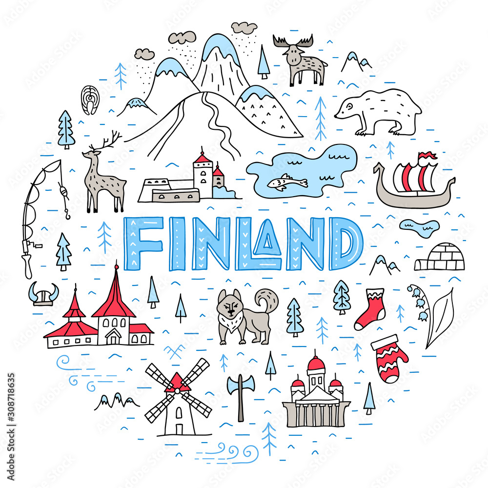The main symbols and sights of Finland hand-drawn. Cartoon stylized country  map in the shape of a circle. Vector template for advertising tourist  routes and excursions. Stock Vector | Adobe Stock, image size:1000x1000