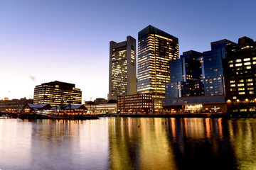 Sticker - Night view of winter Boston. View of the river bay, bridges and night buildings. USA. Boston. Massachusetts.