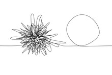 Continuous One Line Drawing Of A Chaotic Tangled Complex Knot And Next To It A Untwisted Knot In The Form Of A Single-line Circle. Concept Of Solving The Problem, Comparing The Complex And The Easy