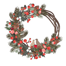 Beautiful Christmas Decorative Wreath Of Vine And Pine Branches, Berries, Ilex, Cedar Cones, And Cute Birds Isolated On White Background. Vector