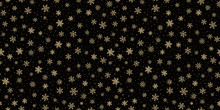 Golden Snowflakes Background . Luxury Vector Christmas Seamless Pattern With Small Gold Snow Flakes On Black Backdrop. Winter Holidays Texture. Repeat Design For Decoration, Wallpapers, Web, Cover