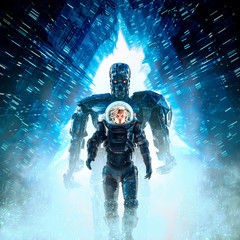 Wall Mural - one to watch over me / 3d illustration of science fiction scene showing female astronaut entering sp