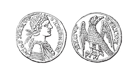 Roman coin Augustale - Frederick II (1215-1250) / vintage illustration from Meyers Konversations-Lexikon 1897