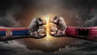 © JustLife - Serbia vs Albania. Fists with flags. Battle of two countries on sky.