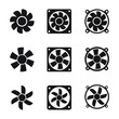 Cooling fan icons. Cool fans vector symbols, electrical air industry signs, electric wind climate industrial propellers with blades