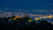 Aerial View  , Night Landscape Of Wat Doi Suthep Temple At Chiang Mai, Thailand