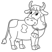 Coloring Page Outline Of Cartoon Cow With Bell. Farm Animals. Coloring Book For Kids.