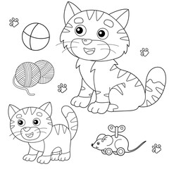 Wall Mural - Coloring Page Outline of cartoon cat with kitten and with toys. Pets. Coloring book for kids.