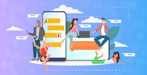 mix race people using chatting app on digital devices social network chat bubble communication concept smartphone screen online mobile messaging application full length horizontal vector illustration