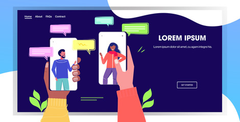 mix race human hands using chatting app social network chat bubble communication concept man woman talking messaging in smartphone screens online mobile application portrait copy space vector