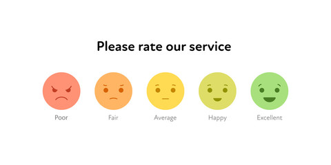 Wall Mural - Customer feedback survey template. Vector color flat illustration. Green, yellow and red smile emoticons from poor to excellent mood on white. Design element for business client customer review.