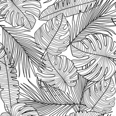 Wall Mural - Monstera line leaves seamless pattern on white background.