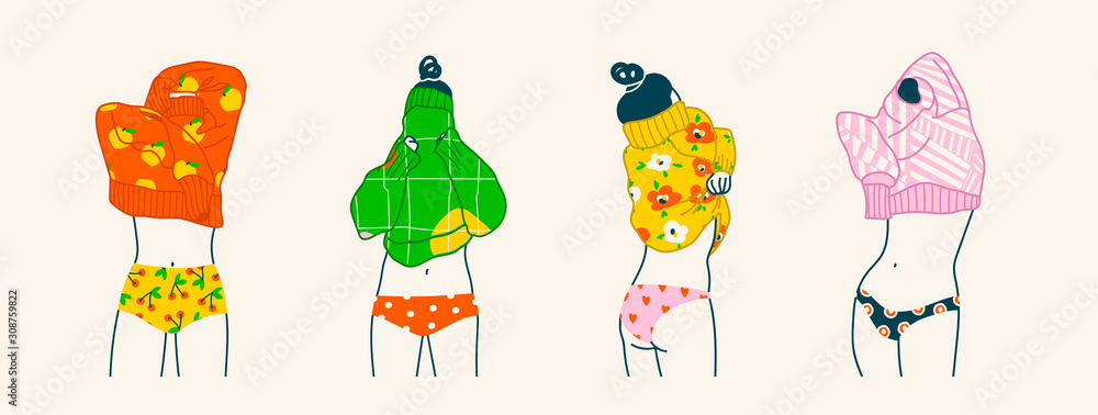 Set of four young women in colorful panties and bright sweaters. Lady Putting on or taking off a sweater. Clothes with Various prints. Hand drawn vector fashion illustration. All elements are isolated - obrazy, fototapety, plakaty 