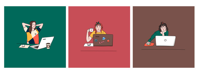 Young girls with laptops. Studying, drinking coffee, browsing internet, social media, blogging. Online education or communication concept. Set of three hand drawn vector illustrations. Cartoon style